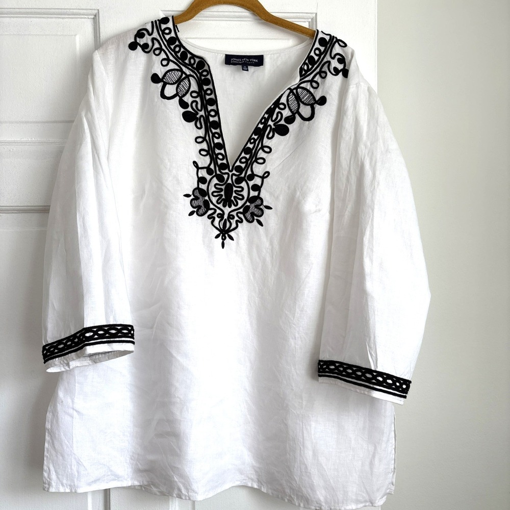 100% Linen Boho Tunic Women's Top Embroidered Coastal Grandma Resortwear | 1X